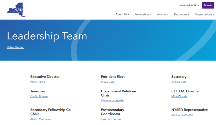 NYSACTE leadership team listing Regina Bast as secretary