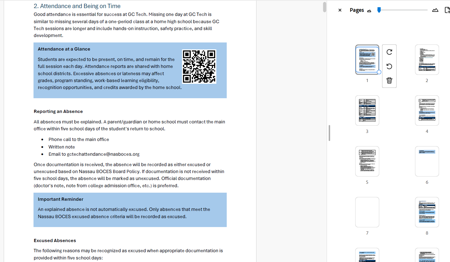 GC Tech student handbook modernization work with policy summaries and QR codes